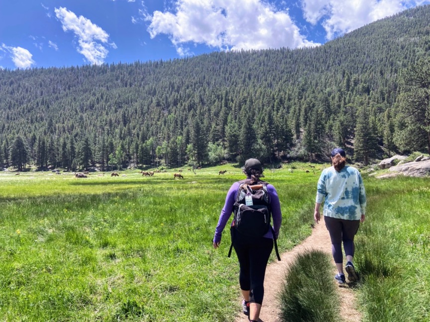 image shows two women hiking through a valley with elk