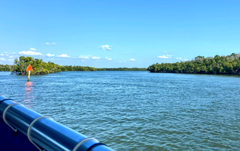 image shows the Chokoloskee Bay in Everglades National Park from a pontoon tour boat  - the starting point for a two day trip to Everglades National Park