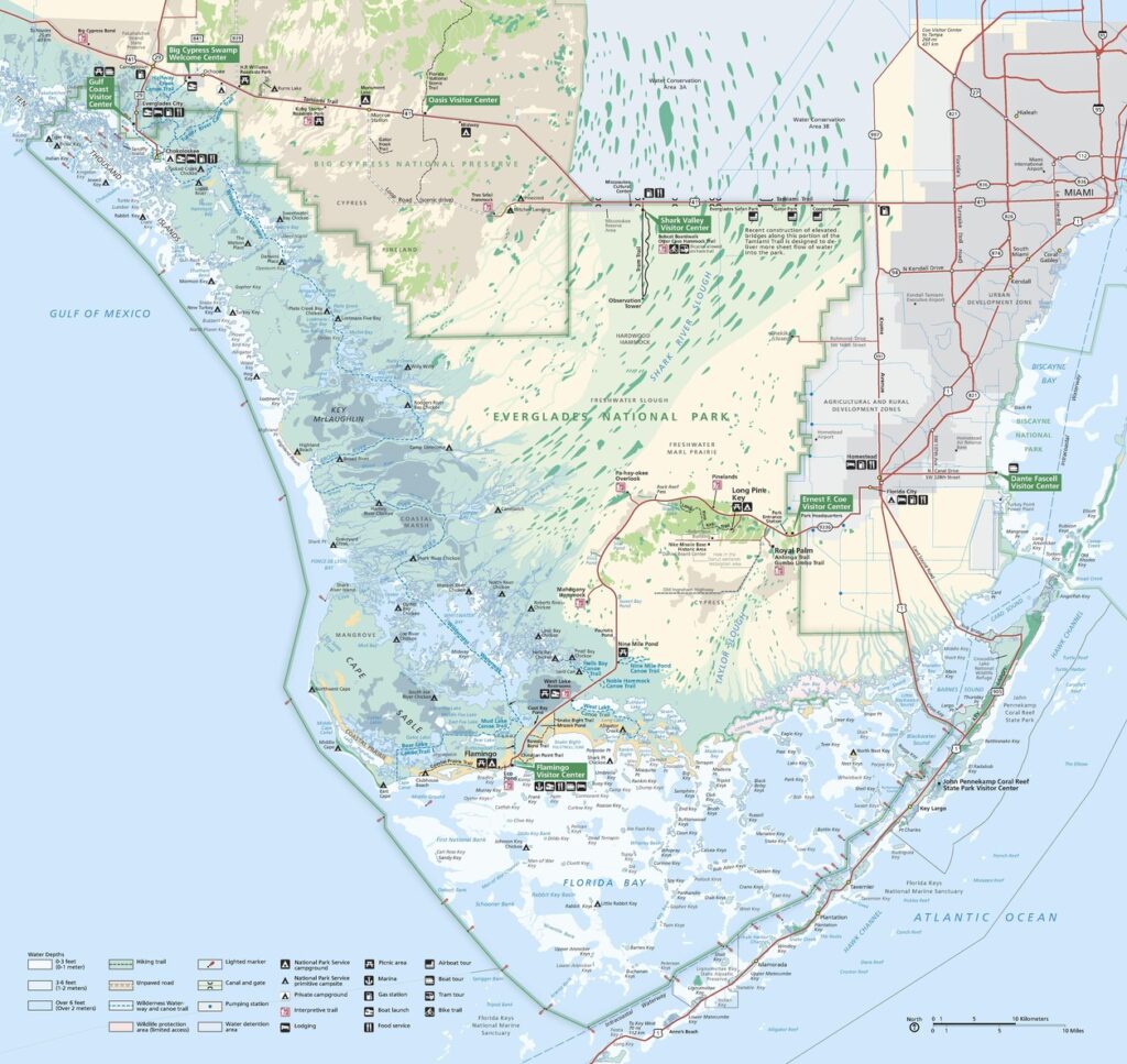 NPS map shows official Everglades national park  with all four visitor centers highlighted