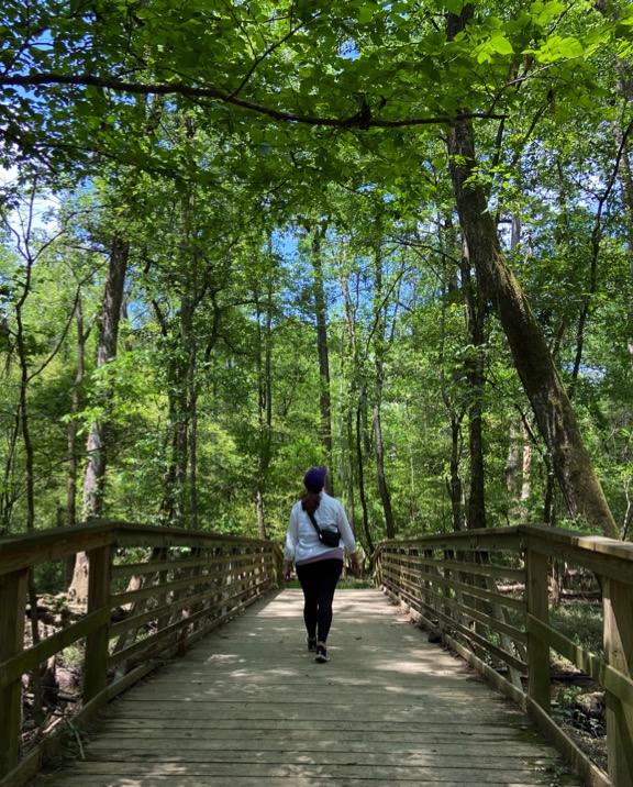 image shows a woman in a white shirt gazing up at the trees on a trail