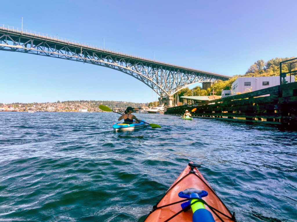 image shows kayaking on Lake Union in Seattle summer