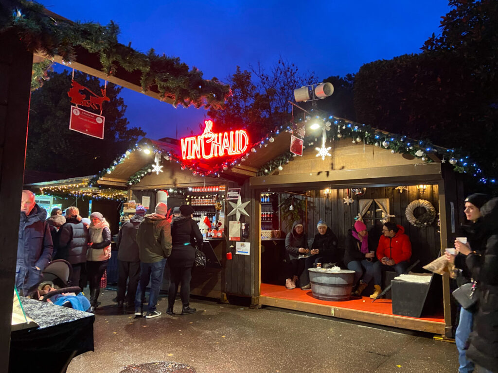 holiday market lights outline a small hut in Montreux near Lausanne