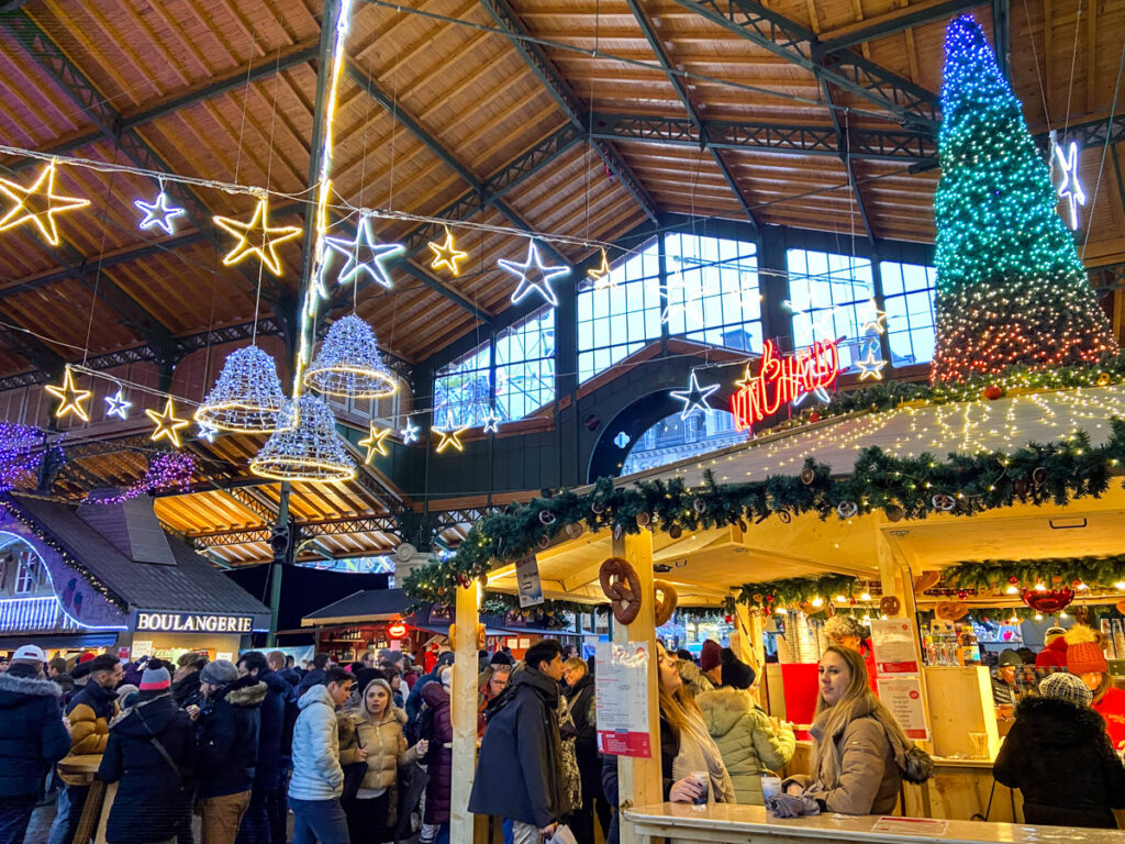 image shows interior of a hall at montreux christmas market