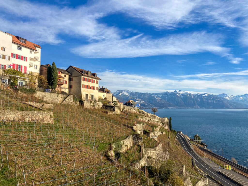 lavaux terraced vineyards in lausanne, switzerland, seen without the foliage of the grape vines in the winter.