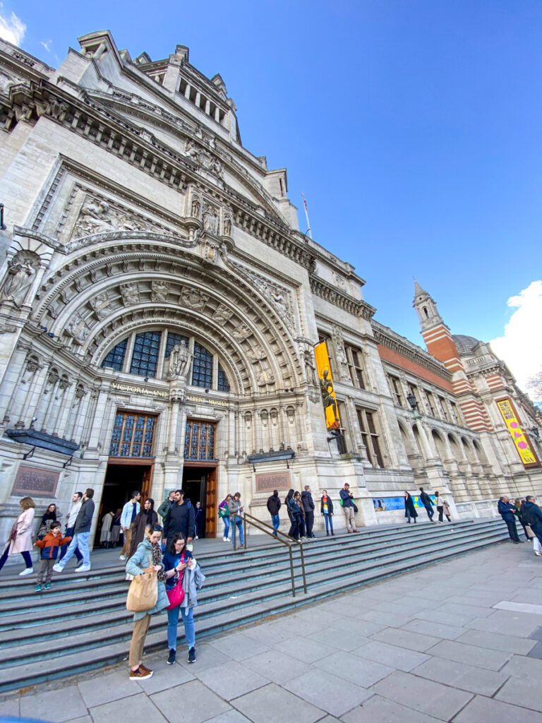 exterior of the V&A museum, a white limestone building with a large set of steps out front