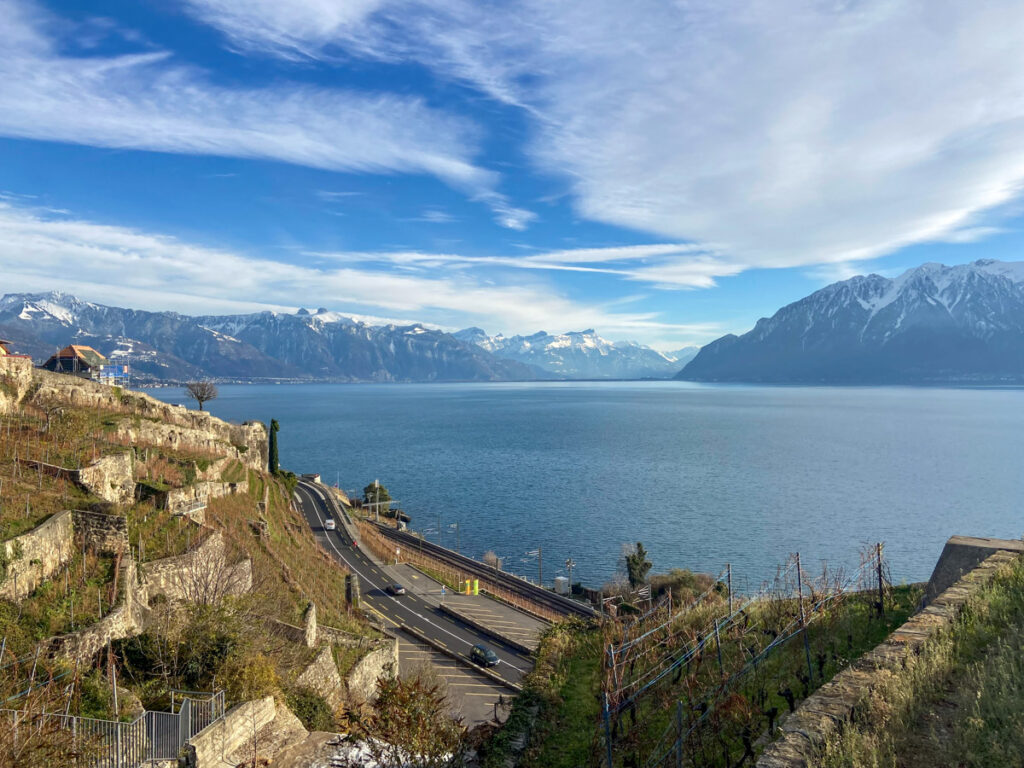 lake geneva lays just beyond the lavaux vineyards in lausanne switzerland as shown on a winter visit