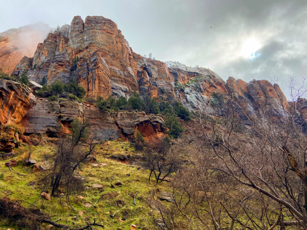 the northern walls of Zion National Park are slick with rain.